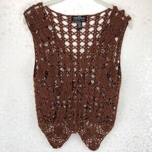 One Step Up Knitted By Hand Vintage Brown Vest with Boho Floral Pattern Size OS